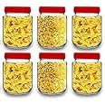 Vency Piramal Glass Round Shape Clear Jars and Containers for Kitchen Pantry, Snacks, Masala, Pickles, Dry Fruits, and Coffee Beans Storage with Red Color Plastic Lid (Aahar Jar) (500ml, Set Of 6)