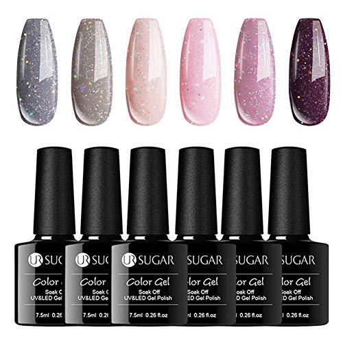 UR SUGAR 7.5ml Nude Gel Vernis à Ongles Iridescent Glitter Kit de Gel Nail Art, Brillant avec des Couleurs Holographiques, Soakoff 6 Bouteilles Set pour l'été