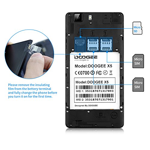 Smartphone Dual SIM, DOOGEE X5 Android Telefonia Mobile, 3G Cellulari con 5.0 Pollici HD IPS Display - 8GB Memoria Interna e 5.0MP Fotocamera Digitale - Bluetooth 4.0 Gesto Intelligente GPS Xender Cellulare - Nero