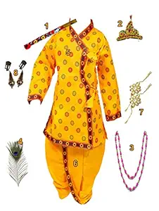 Boys Cotton Krishna Dress 14 Vihaan Associates Ethnic wear Costume Pack of 8 (Dhoti, Kurta, BANSURI, MOR PANKH, MUKUT, BANDHANI, MALA, KUNDAL, Yellow, 5-6 Years)