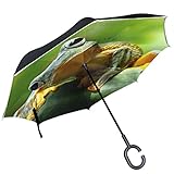 ALAZA Cute Verde Rana de árbol Hojas diseño Doble Capa Resistente al Viento Reverse Paraguas
