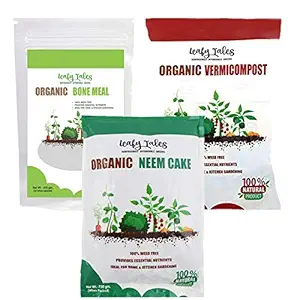 Leafy Tales Natural Neem Cake (2 Packets), Bone Meal, Organic Vermicompost Fertilizer Combo Manure for Plants | 2975 GMS