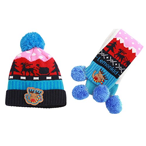 Wawoo®Baby Boys/Girls Winter Beanie Cap Childrens Warm Wool Knitting Hem Lined Fur Pom Pom Hat+ Scarf+ Mittens 3 in 1 Set for Kids 8-12M/1-2T/2-4T/4-8T