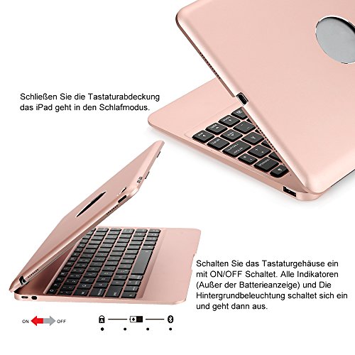 iPad Pro 9.7 Tastatur Fall, iEGrow F06 Dünn Aluminum Bluetooth Tastatur mit Schutzhülle Abdeckung und 7 Farbe Hintergrundbeleuchtung für iPad Air 2 und Pro 9.7 [QWERTZ deutsches Tastaturlayout] Rose Gold - 4