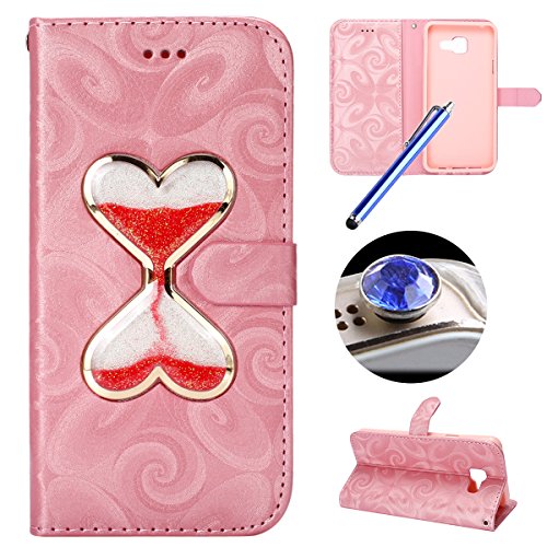 Etsue Leder Handyhülle für Samsung Galaxy A3(2016) Ledertasche Schutzhülle, Lusting Kreativ Shiny Glanz Sparkle Glitzer fließend Treibsand Liebe Herz Muster Elegant Luxus Leder Flip Case Wallet Tasche Cover Magnetverschluss Abdeckung Standfunktion Schutz Etui Schale für Samsung Galaxy A3(2016) + 1x Glitzer Staub Stecker + 1x Blau Eingabestift-Pink+Hot Pink