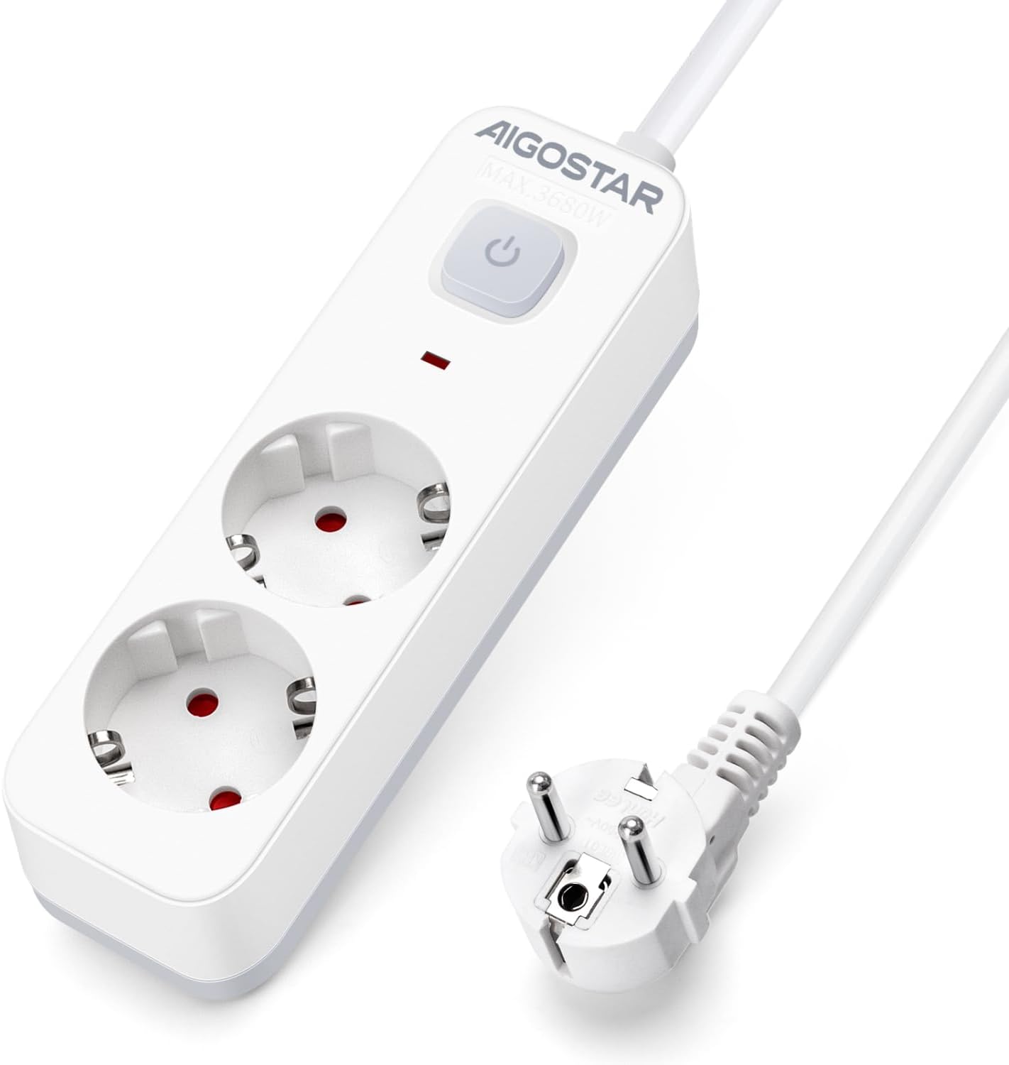 Aigostar Regleta Enchufes, Alargador Enchufe de 2 Enchufes con Interruptor, Cable de 3 Metros, Blanco