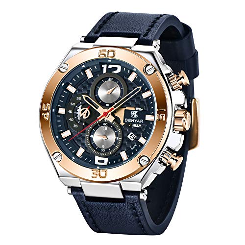 Benyar hombres reloj cronógrafo de cuarzo fecha 3 atm impermeable relojes economía deportes cuero de diseño de reloj de pulsera para hombres padre