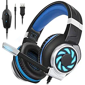 BUTFULAKE GH-3 Gaming Headset for Xbox One, Xbox One S, PS4, PC, Nintendo Switch, Mac, Laptop, 3.5mm Wired Over-Ear Gaming Headphones with LED Light, Noise Canceling Microphone, Black Blue