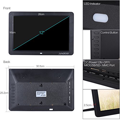 Andoer 12 Wide Screen HD LED Digital-Bilderrahmen 1280 * 800 elektronische Bilderrahmen mit Fernbedienung Mehrere Funktionen LED-Uhr-Kalender MP3 MP4 Video-Player Unterstützung viel Sprachen - 5