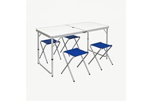 PALUPLUS Set Tavolo Campeggio in Alluminio con 4 Sgabelli pieghevoli Blu, Misura Tavolino 121x61x70 cm, Design Pieghevole a Valigetta con Maniglia e Foro per Ombrellone, per picnic, gita -8095F