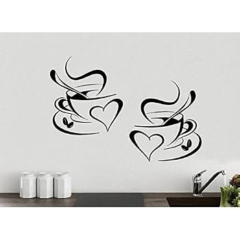 Adesivi Murali Cucina – 2 Tazze Di Tè E Caffè – Vinile Nero Rimovibile 21x15cm