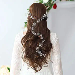 VAGHBHATT 1pc Silver Fashion Headdress (100 cm) Wedding Crown Pearl Crystals Bridal Wedding Headband, Hair Vine and Headpiece Floral Hair Accessories Wedding jewellery For Girls and Women (Silver)