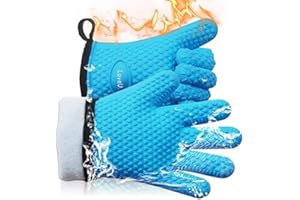 Loveuing Oven Gloves Silicone and Cotton Double Layer - Heat Resistant BBQ Gloves/Kitchen Gloves/Flexible Oven Mitts - Perfect for Baking and Barbecue, 1 pair (Blue, Small)