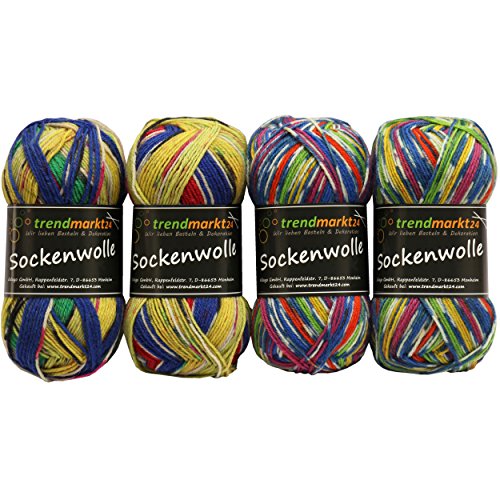 Wolle Set ✓ Bunt, 4fädig, schadstoffgeprüfte Qualität ✓ Wollpakete, insg. 200g (Sockenwolle 2x bunt und 2x grün, je 50g), für 2 Paar Socken bis Gr.43 ✓ Material: 75% Schurwolle, 25% Polyamid ✓ OEKO-TEX Standard100 ( Ökotex ) ✓ Wolle für Socken 4fach ✓ Superwash ✓ hoher Tragekomfort ✓ hohe Strapazierfähigkeit ✓ filzfrei ✓ temperaturausgleichend ✓ feuchtigkeitsabsorbierend ✓ Ideal als Strumpfwolle oder Strickwolle Mix ✓Sparpaket günstig | trendmarkt24 602024 - 2