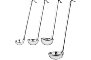 Vegena Lot de 4 louches à soupe en acier inoxydable de qualité supérieure avec poignée à crochet, cuillères à soupe, ustensiles de cuisine avec long manche, louche, cuillère à soupe, argent