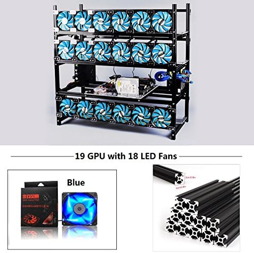 19 GPU Mining Rig Aluminum Stackable Case With 18 LED Fans Open Air Frame Miner Kit For ETH/ZEC/Bitcoin/Decred/Z Cash (Black-BF)
