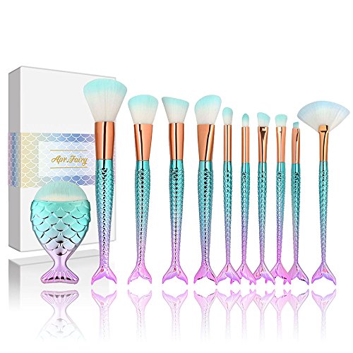 Apr.Fairy Mermaid Makeup Brushes Set Chubby Fish Foundation Brush 11pcs Soft Nylon Bristles Beauty Make Up Kits With Box, Blending Blush concealer Eye Face Lip Cosmetic Tools