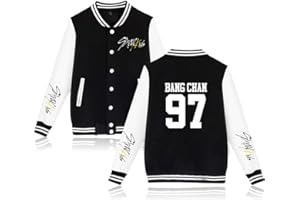 NCTCITY Stray Kids Kpop Sweat-Shirts Veste de Baseball à Manches Longues Boutons Avant Longue Pullover Yellow Wood Manche Loose Loisir Pull Tops Bang Chan Changbin Hyunjin Felix Jeongin Minho Woojin