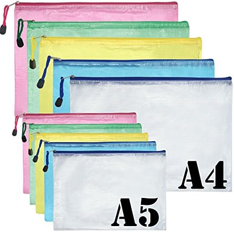 10pcs A4 A5 Mesh Document Bag Zip File Bag with Zipper for Cosmetics Offices Supplies Travel Accessories by YSLF, 5 Colors