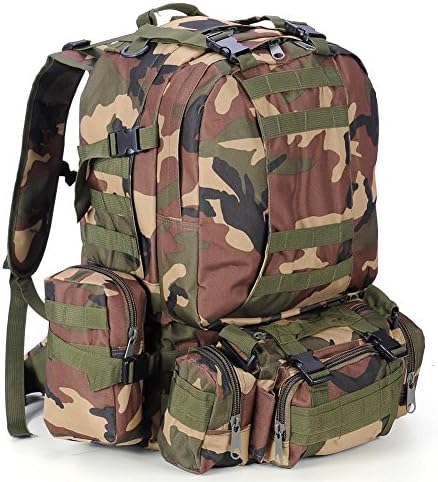 Tactical Molle Army Backpack 55L Military British Woodland Camo Waterproof Large Duffle Bag Oxford with Waist Strap Lightweight Day Pack for Outdoors Camping Travel Hiking Travel (Forest Camouflage))
