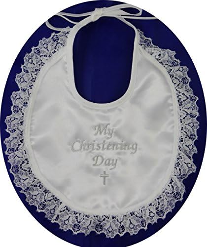 My Christening Day Bib Made from Satin Effect Fabric with Lace Edge (White)