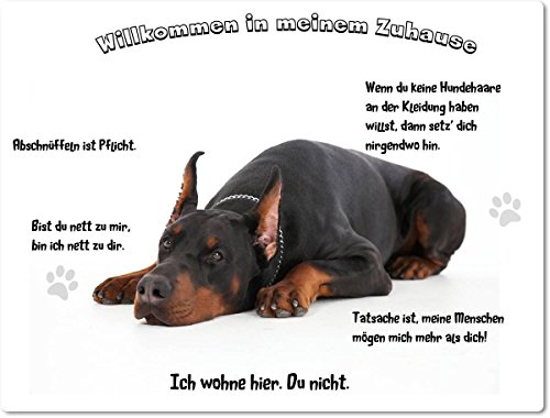 Blechschild / Warnschild / Türschild - Aluminium - 15x20cm - - "Willkommen in meinem Zuhause" - Motiv: Dobermann liegend-- 01