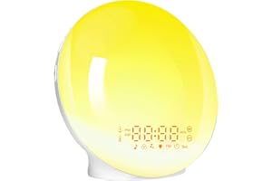 ARTINABS Eveil Lumière Radio Reveil Enfant Double Alarme Fonction Snooze, Lumière de Réveil Simulation Du Lever/Coucher Du Soleil, Lampe de Chevet 20 Niveaux de Luminosité 11 Lumières Colorées, 7 Sons Naturels