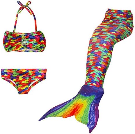 Superstar88 Superstar 3Pcs Mermaid Tail Swimsuit, Sparkle Mermaid Bikini Set Girls Mermaid Costume for Swimming (150, Colorful)