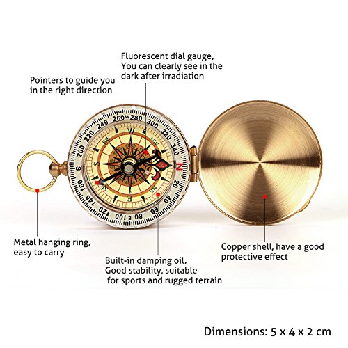 AcTopp Kompass Wasserdichter Messing Taschenuhr Taschenkompass Spielzeug Klassischer Marschkompass mit Leuchtziffern für Camping Wandern Outdoor Navigation - 3