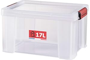 SUNDIS Clip'N Store, caja almacenaje con tapa, 17l de capacidad, plastico transparente, reforzado, apta para alimentos, paredes rectas, apilable y combinable