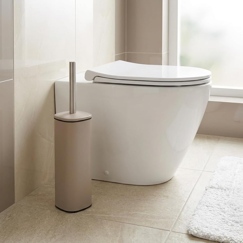 Deconox Paslanmaz Çelik Saplı WC Fırçalık Latte, Kapaklı Tuvalet Fırçası Seti, Hijyenik Saklama Hazneli Banyo ve WC Fırçası, 38,5 cm