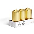 Metallic Cone Top Pillar Candles by Bask - Set of 3-3" x 6" Dripless Unscented Holiday Candles in Metallic Gold for Home Decor, Relaxation & All Occasions