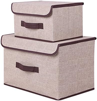 Juai Storage Boxes 2 Piece Set Cotton & Liene Foldable Storage Box with Lid Storage Drawer to Store Clothes, Socks, Toys, Snacks and Sundries White