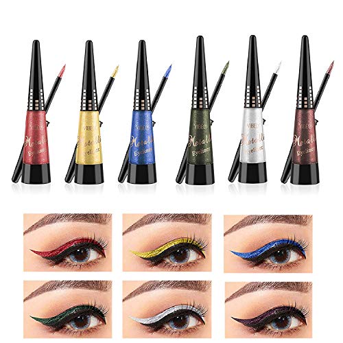 Rechoo Glitter Liquid Eyeliner 6 Colors Set Long Lasting Waterproof Metallic Sparkling Eye Shadow Pen (6 Pcs)