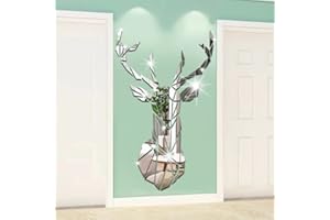 Shackcom Adesivi Murali Testa di Cervo 3D Specchio Adesivo da Parete Acrilici Rimovibili Decorazioni da Parete DIY per Camera da Letto Soggiorno-Argento-72 * 43cm