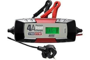 Maypole 4A Dual Voltage 6/12V Electronic Smart Car Battery Charger Fully Automatic 5 Stage Charging Cycle Lead Acid AGM