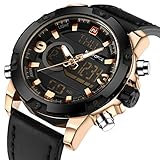 Fashion Sports Herren-Armbanduhr mit analoger und digitaler Anzeige, Schwarz und Gold, schwarzes Lederarmband, wasserdicht, integrierte Stoppuhr, Hintergrundbeleuchtung, Datumsanzeige, Weckfunktion