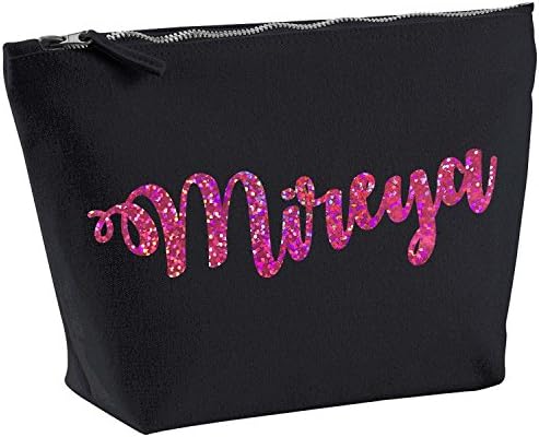 Mireya Personalised Name Cotton Canvas Black Make Up with a Holographic Pink Print Accessory Bag Wash Bag Size 14x20cm. The perfect personalised Gift for All occasion, Christmas, Birthdays,