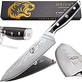 SEHR SCHARF FÜR SCHNELLES SCHNEIDE ✅ Unsere rasierklingenscharfen Damaskus Klingen bestehen aus japanischem AUS-10 Edelstahl mit einem Härtegrad von 61 (+/- 1). Dank eines Klingenwinkels von 7-13 Grad schneiden diese Qualitäts-messer noch schneller und besser. Das Messer besteht aus qualitativ hochwertigem Kohlenstoffstahl - hier erhalten Sie das beste Chefkochmesser für Ihr Geld.