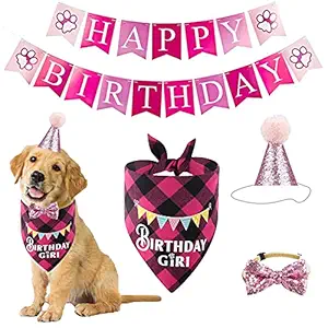 Dog Birthday Party Supplies, Dog Bandana Boy Girl Puppy Birthday Hat Scarf Bow Tie Collar with Happy Birthday Banner Flag for Pet Dog Puppy Cat (Pink)