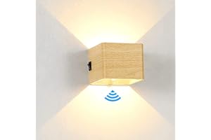 ACMHNC Aplique de Pared Interior con Sensor de Movimiento,5W USB recargable LED Lámpara de Pared sin cable con Interruptor, Grano madera, 2000mAh Batería, Blanco cálido Lámpara de pasillo magnética