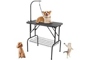 GRANDMA SHARK Dog Grooming Table, 32'' Foldable Pet Grooming Table with Adjustable Fixed Arm and Mesh Storage Basket Maximum Capacity 100KG (Single Tether)