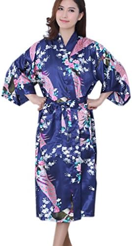 GGTFA Women Kimono Peacock Floral Robes Long Style Bathrobe Gown Nightwear Royal Blue 2XL