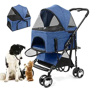 Hlzds Dog Stroller for Small Dogs Folding 3 in 1 Pet Stroller for Cats 3 Wheels Travel Dog Stroller with Removable Carrier for Small Medium Dogs & Cats (Linen Blue)