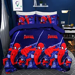 Girishas Trend Cotton 210 Tc Designer Cartoon Spider-man Print Double Bedsheet with 2 Pillow Covers for Kids Room (Multicolour, King Size)