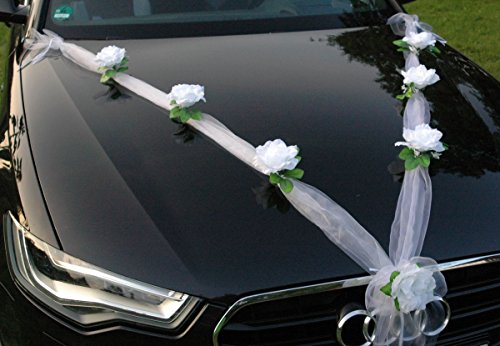 ORGANZA M Auto Schmuck Braut Paar Rose Deko Dekoration Autoschmuck Hochzeit Car Auto Wedding Deko Girlande PKW (Reinweiß / Weiß) - 2