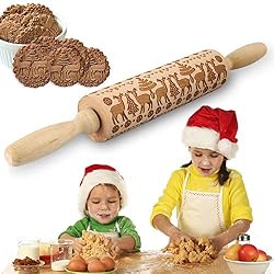 VZATT Rouleau à PâTisserie en Bois HêTre Gaufrage Rouleau à Biscuits PâTe à GâTeau Rouleau à PâTisserie de NoëL Outil à PâTisserie Cuisine Gravé PâTisserie Rouleau en Relief DéCoration de GâTeaux
