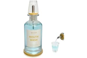 Hniuyun 11.8 oz Glass Mouthwash Dispenser for Bathroom with Bamboo Tray & Steel Nozzle - Reusable Cup, Gold Accents, Countertop Decor