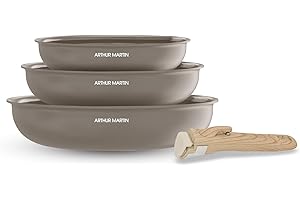 Arthur Martin - Set de 3 Poêles en Aluminium 2,5 mm, Revêtement Céramique et Poignée Effet Bois, Compatibles Tous Feux Dont Induction, 20-24-28 cm, Marron
