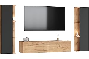 Planetmöbel TV Wohnwand Wohnzimmer 140 cm Gold Eiche, mit 2X 40cm Seitenschränken Gold Eiche/Anthrazit